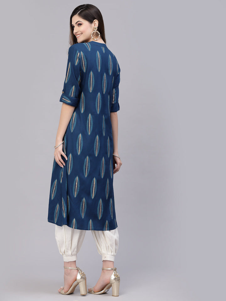 Teal-Blue-Rayon-Block-Printed-A-Line-Kurta-Only