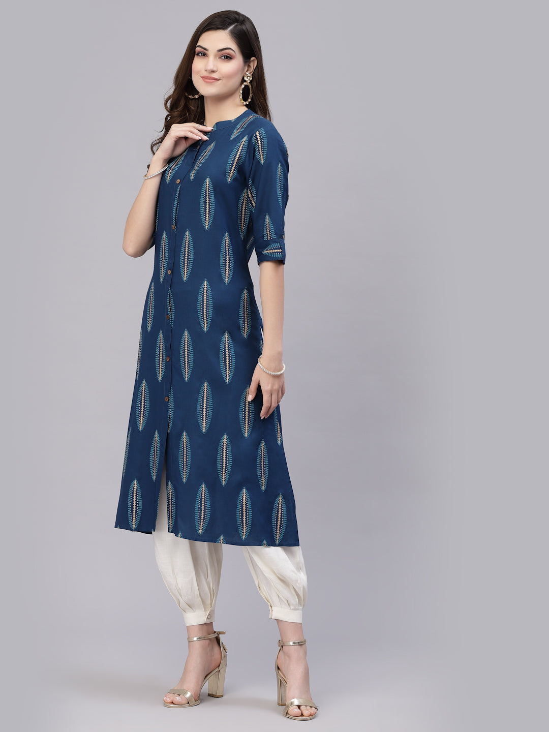 Teal-Blue-Rayon-Block-Printed-A-Line-Kurta-Only