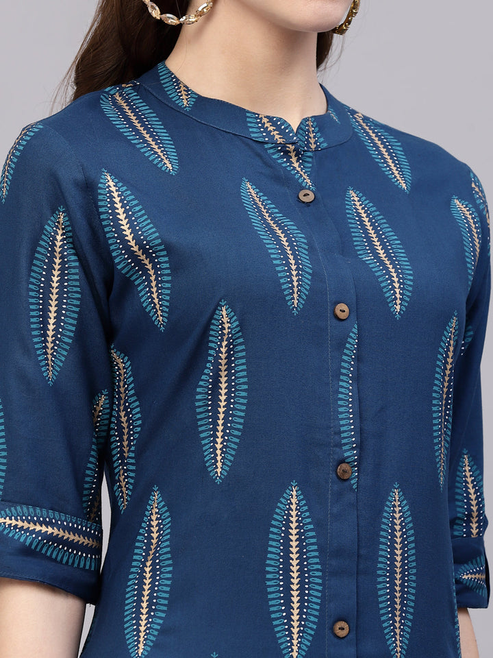Teal-Blue-Rayon-Block-Printed-A-Line-Kurta-Only
