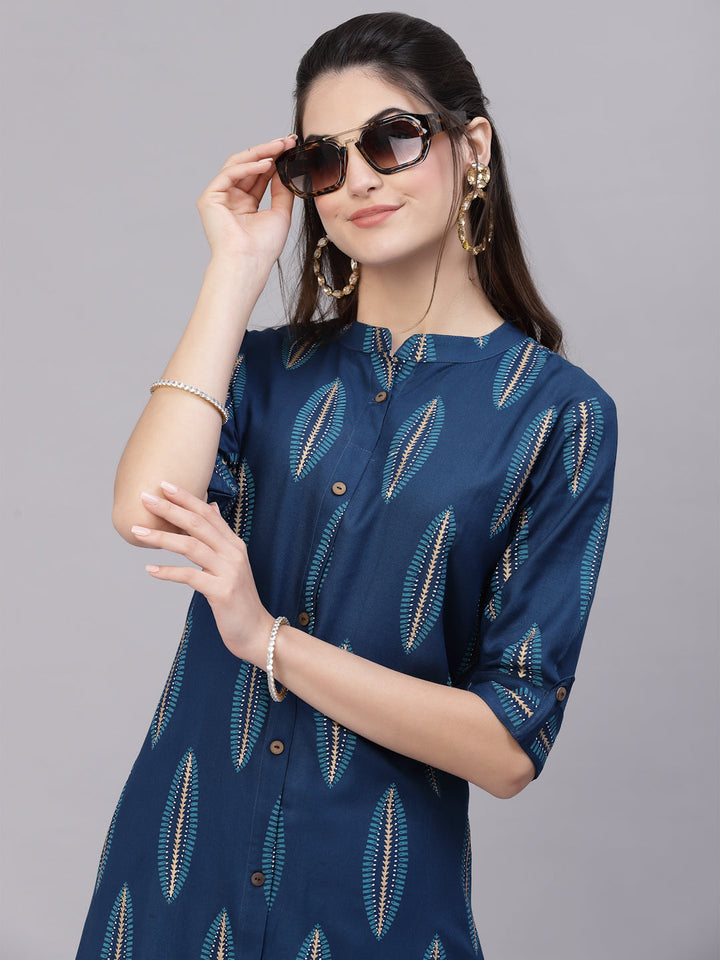 Teal-Blue-Rayon-Block-Printed-A-Line-Kurta-Only