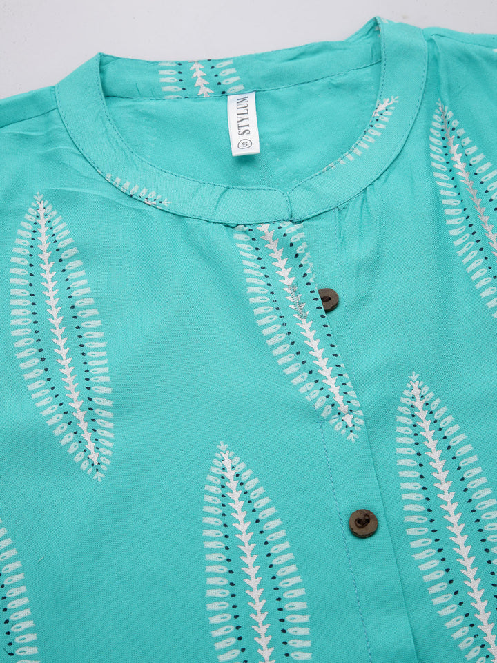 Light-Blue-Rayon-Block-Printed-A-Line-Kurta-Only