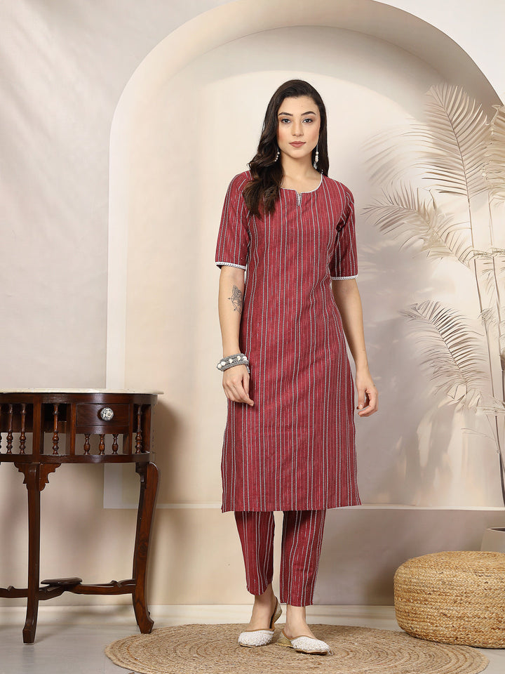 Maroon-Cotton-Blend-Striped-Straight-2-Piece-Kurta-Set