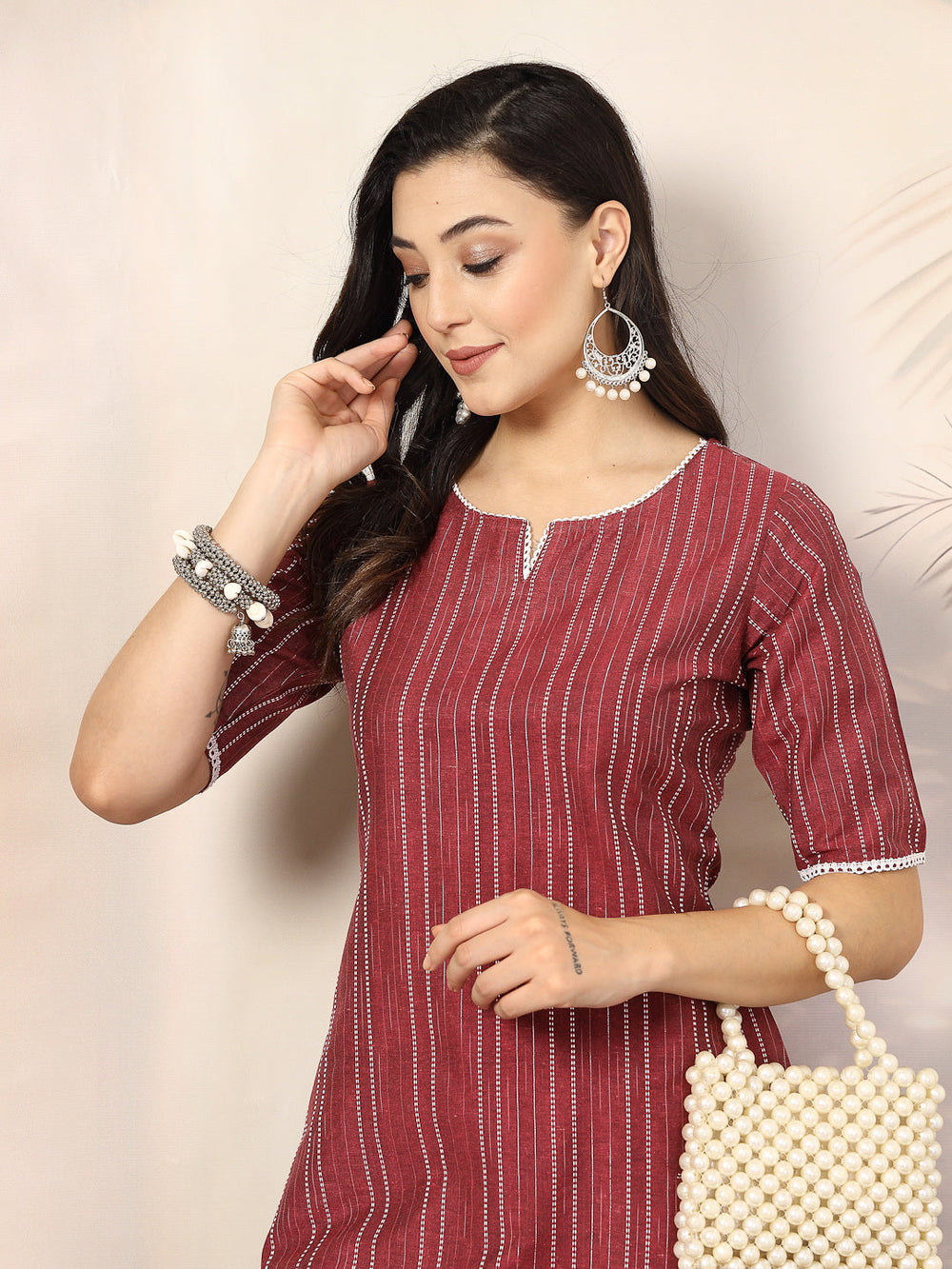 Maroon-Cotton-Blend-Striped-Straight-2-Piece-Kurta-Set