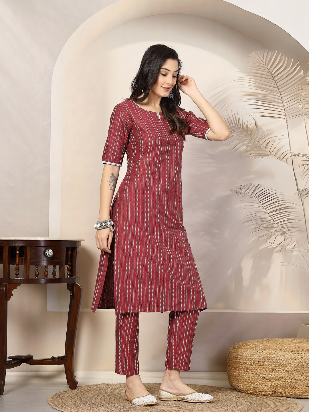 Maroon-Cotton-Blend-Striped-Straight-2-Piece-Kurta-Set