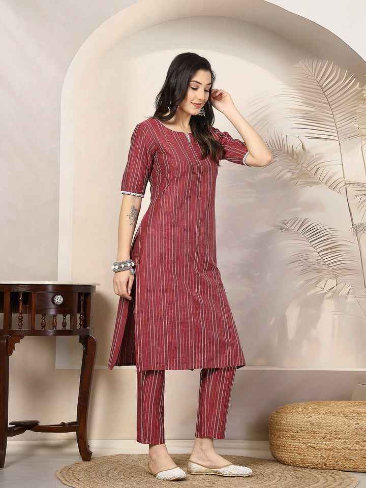 Maroon-Cotton-Blend-Striped-Straight-2-Piece-Kurta-Set