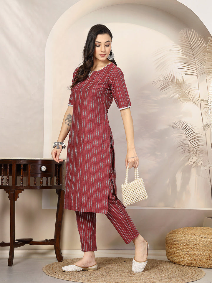 Maroon-Cotton-Blend-Striped-Straight-2-Piece-Kurta-Set