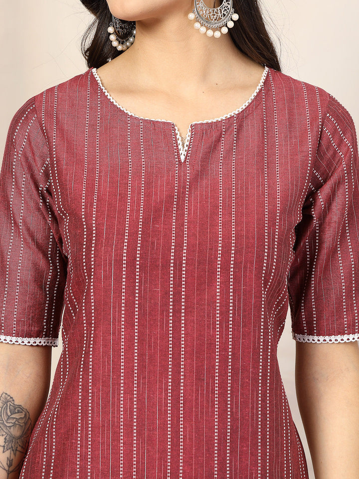 Maroon-Cotton-Blend-Striped-Straight-2-Piece-Kurta-Set