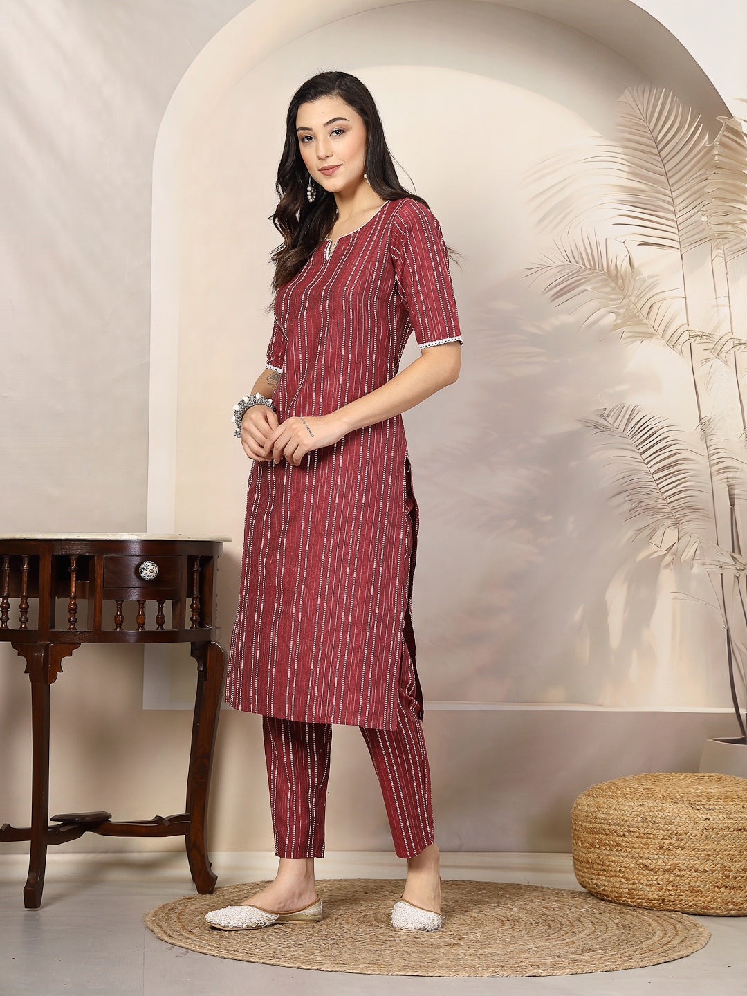 Maroon-Cotton-Blend-Striped-Straight-2-Piece-Kurta-Set