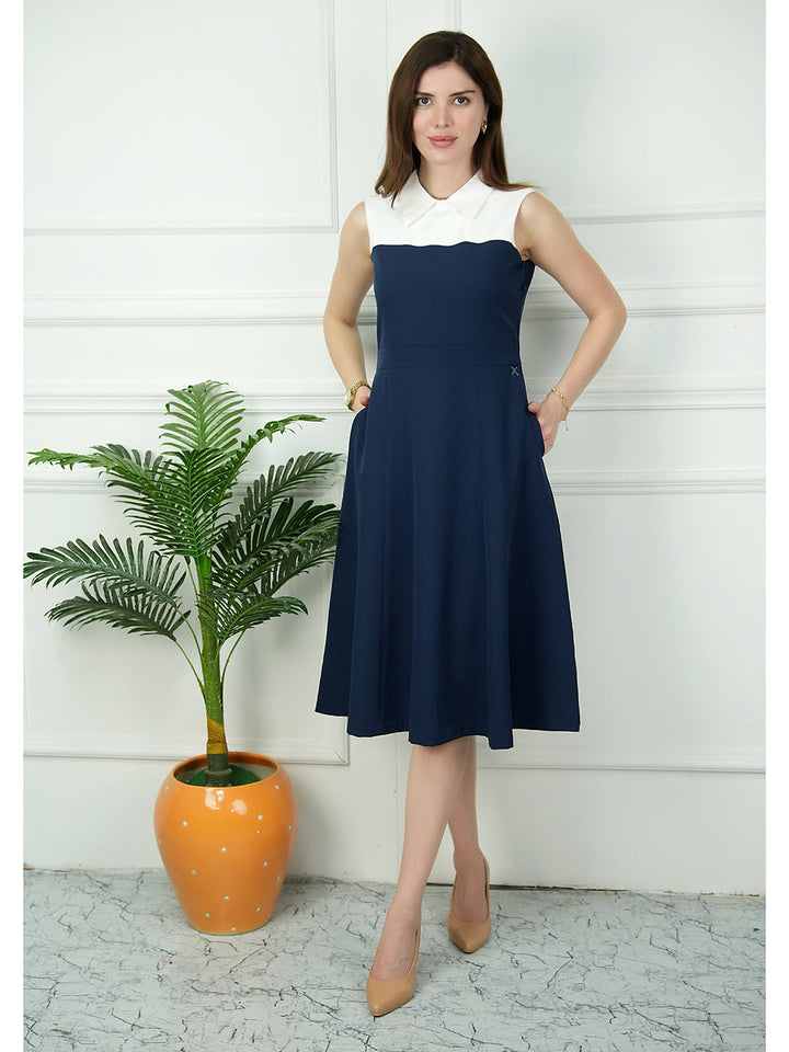 Navy-Blue-Blended-Fabric-Bronzed-Color-Block-Dress