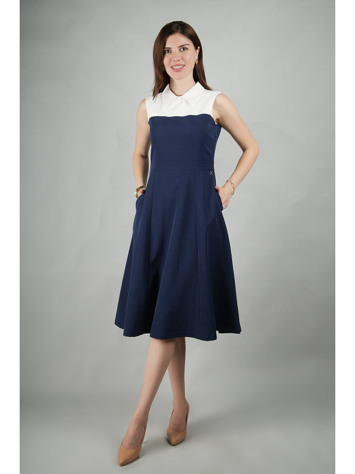 Navy-Blue-Blended-Fabric-Bronzed-Color-Block-Dress