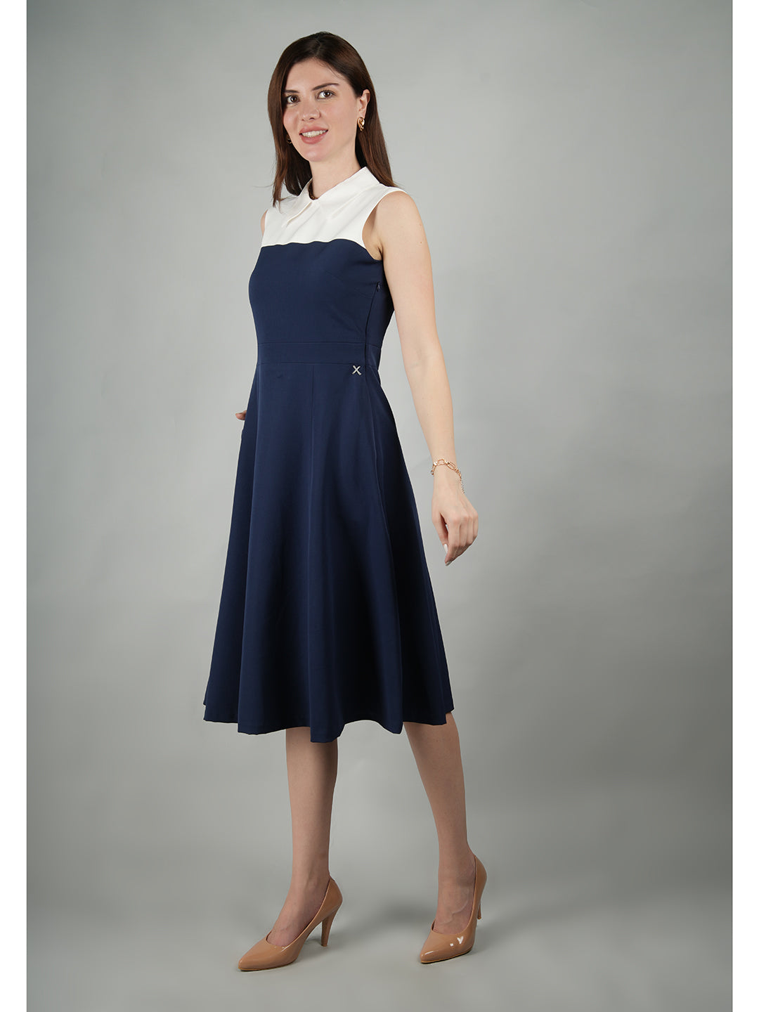 Navy-Blue-Blended-Fabric-Bronzed-Color-Block-Dress