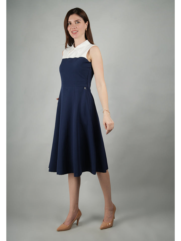 Navy-Blue-Blended-Fabric-Bronzed-Color-Block-Dress