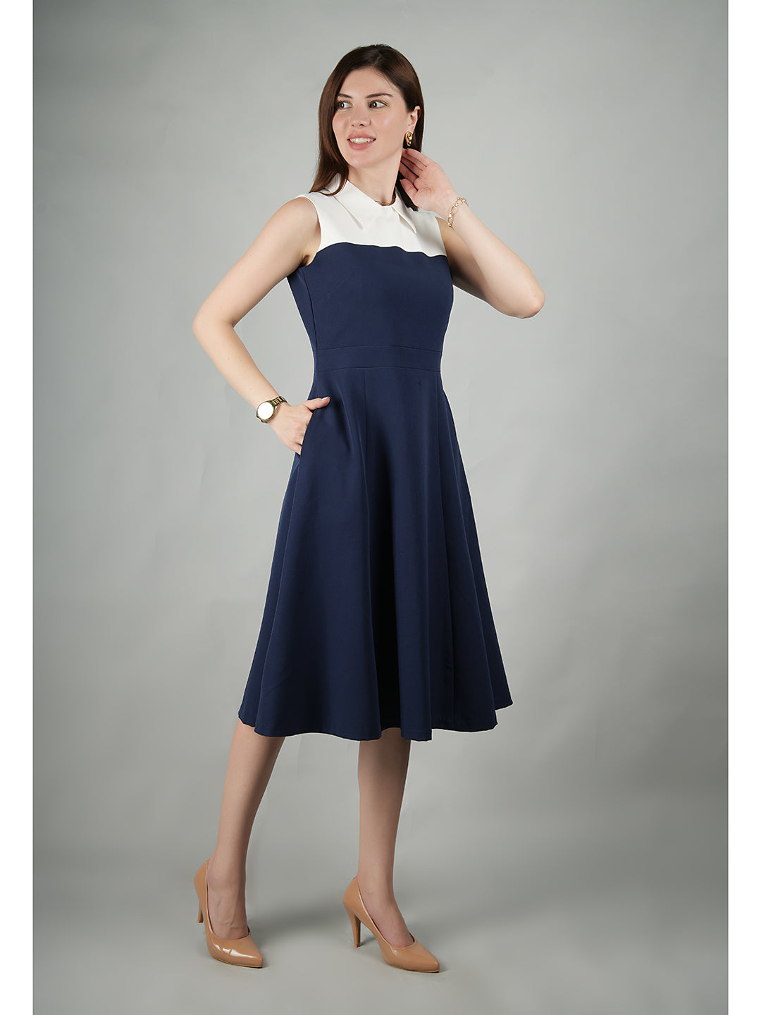 Navy-Blue-Blended-Fabric-Bronzed-Color-Block-Dress