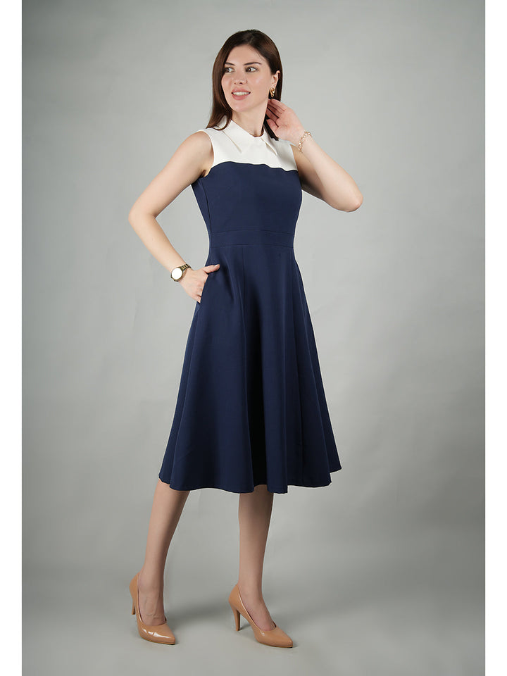 Navy-Blue-Blended-Fabric-Bronzed-Color-Block-Dress