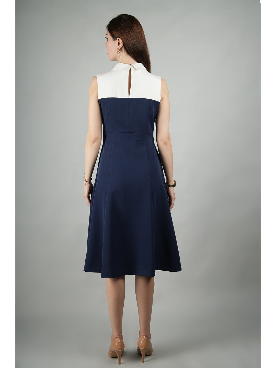 Navy-Blue-Blended-Fabric-Bronzed-Color-Block-Dress