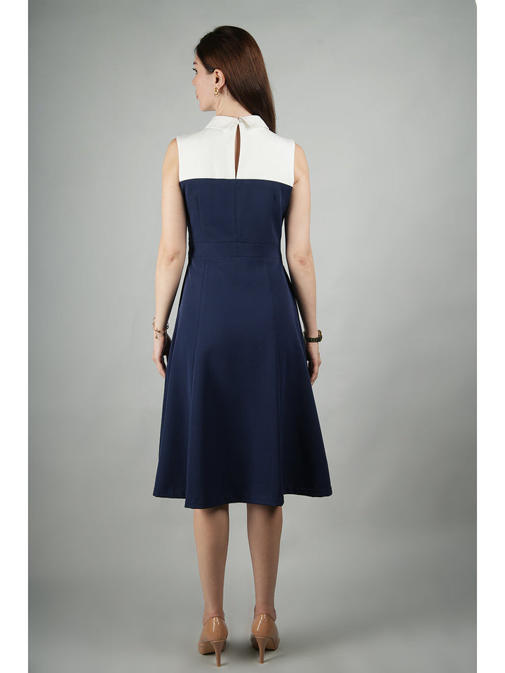 Navy-Blue-Blended-Fabric-Bronzed-Color-Block-Dress