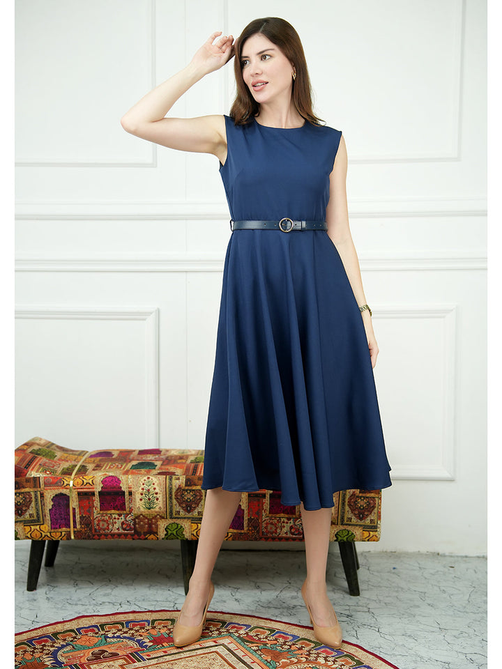 Navy-Blue-Blended-Fabric-Warmth-Fit-&-Flare-Dress-With-Belt