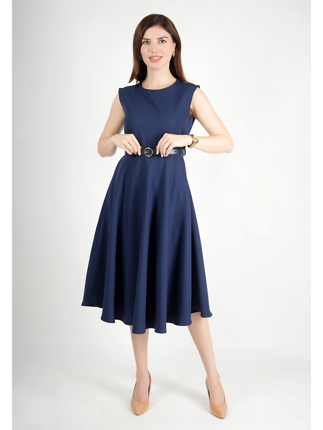 Navy-Blue-Blended-Fabric-Warmth-Fit-&-Flare-Dress-With-Belt