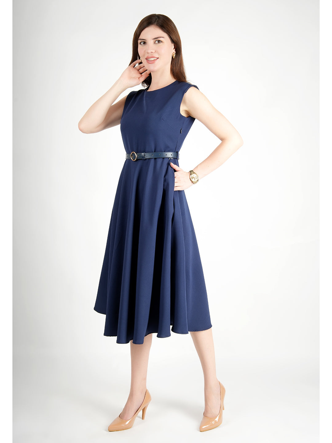 Navy-Blue-Blended-Fabric-Warmth-Fit-&-Flare-Dress-With-Belt