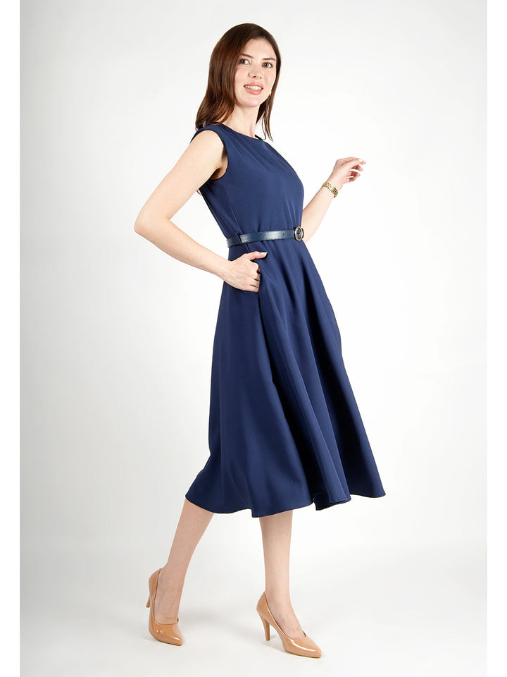 Navy-Blue-Blended-Fabric-Warmth-Fit-&-Flare-Dress-With-Belt