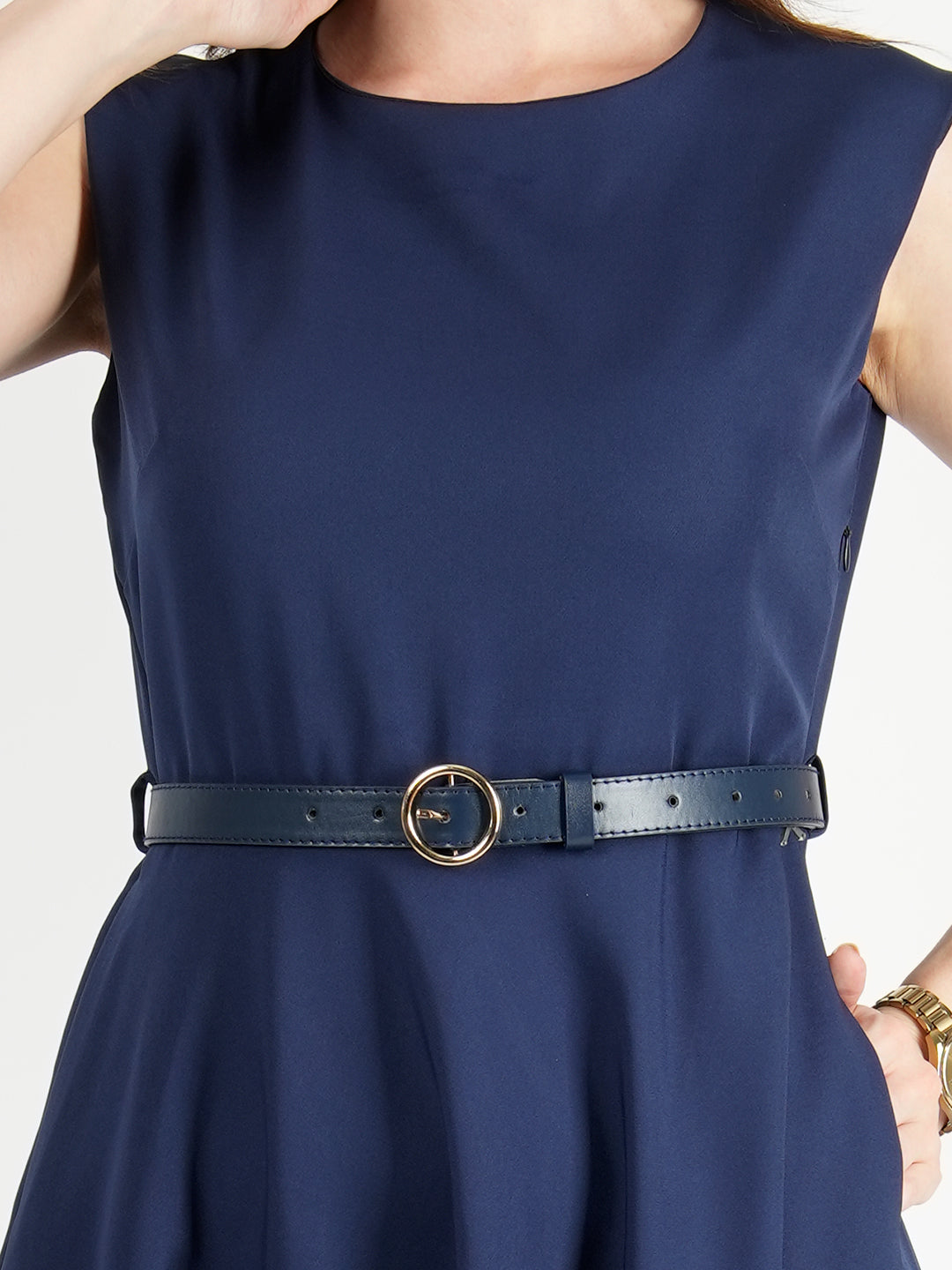 Navy-Blue-Blended-Fabric-Warmth-Fit-&-Flare-Dress-With-Belt