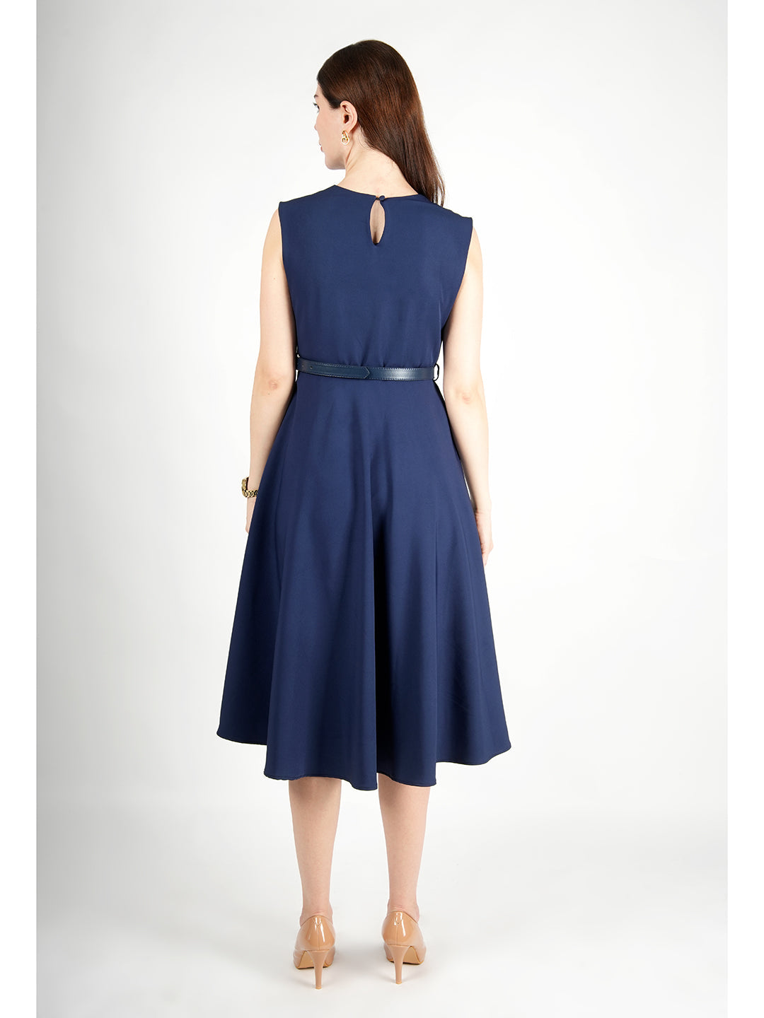 Navy-Blue-Blended-Fabric-Warmth-Fit-&-Flare-Dress-With-Belt