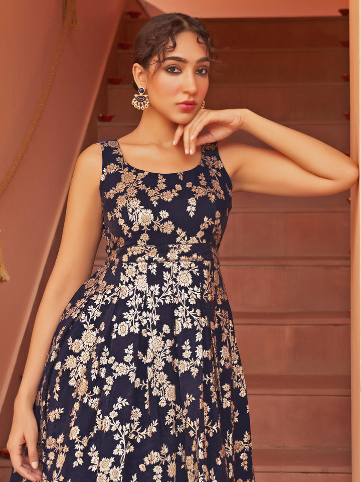 Navy Blue Brocade Foil Print Sleeveless Strappy Dress