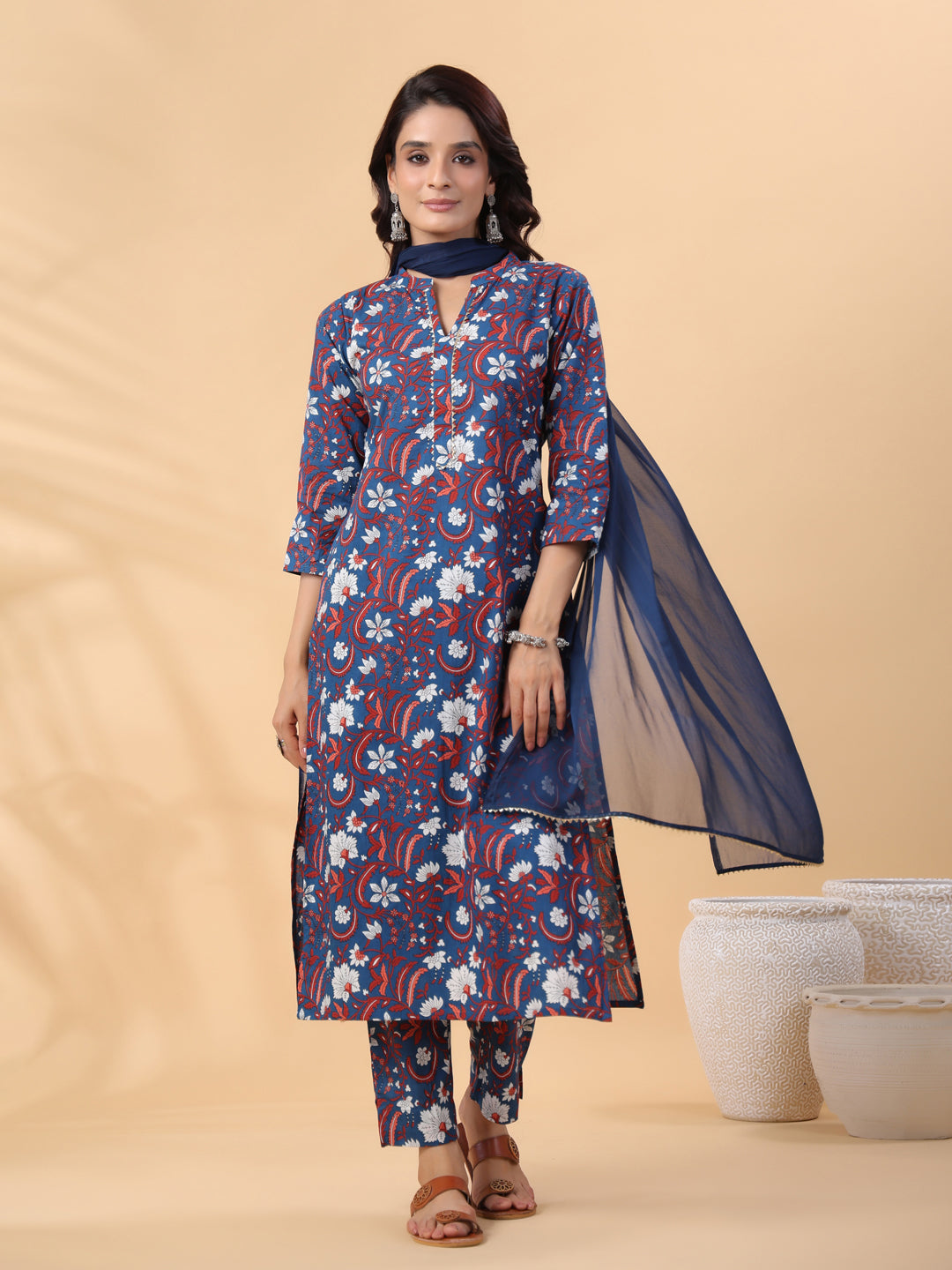 Navy-Blue-Cambric-Regular-3-Piece-Kurta-Set