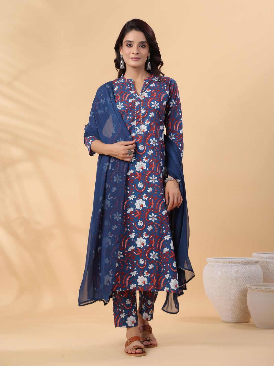 ZERESOUQ-Navy-Blue-Cambric-Regular-3-Piece-Kurta-Set