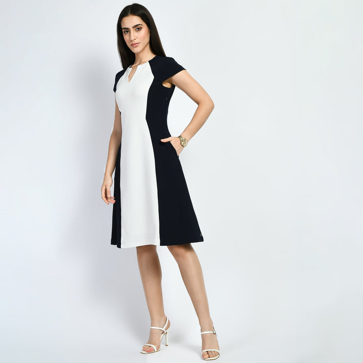 Navy-Blue-Cotton-Blend-Blocked-Sculpt-A-Line-Dress