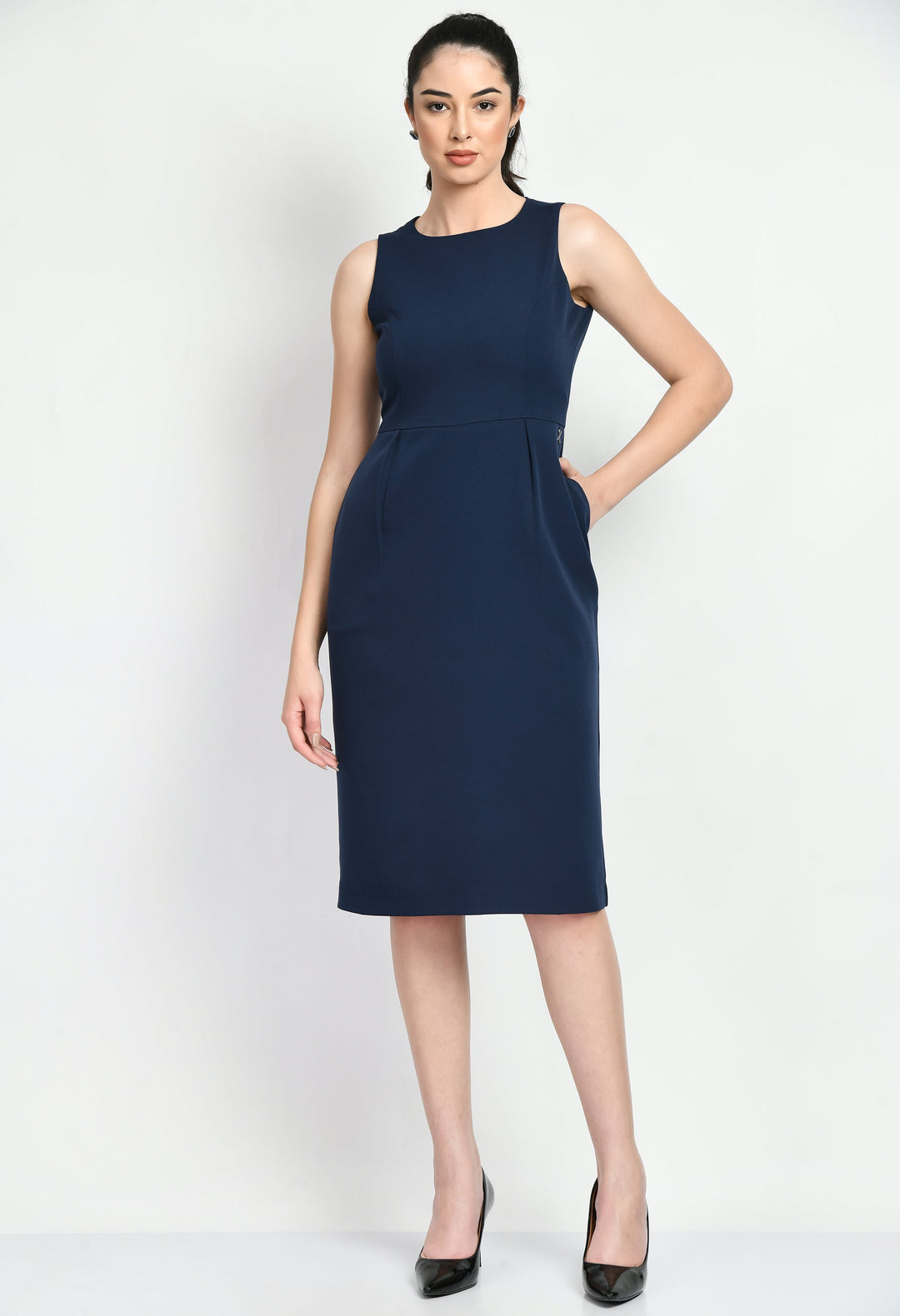 Navy-Blue-Cotton-Blend-Courage-Sleeveless-Sheath-Dress