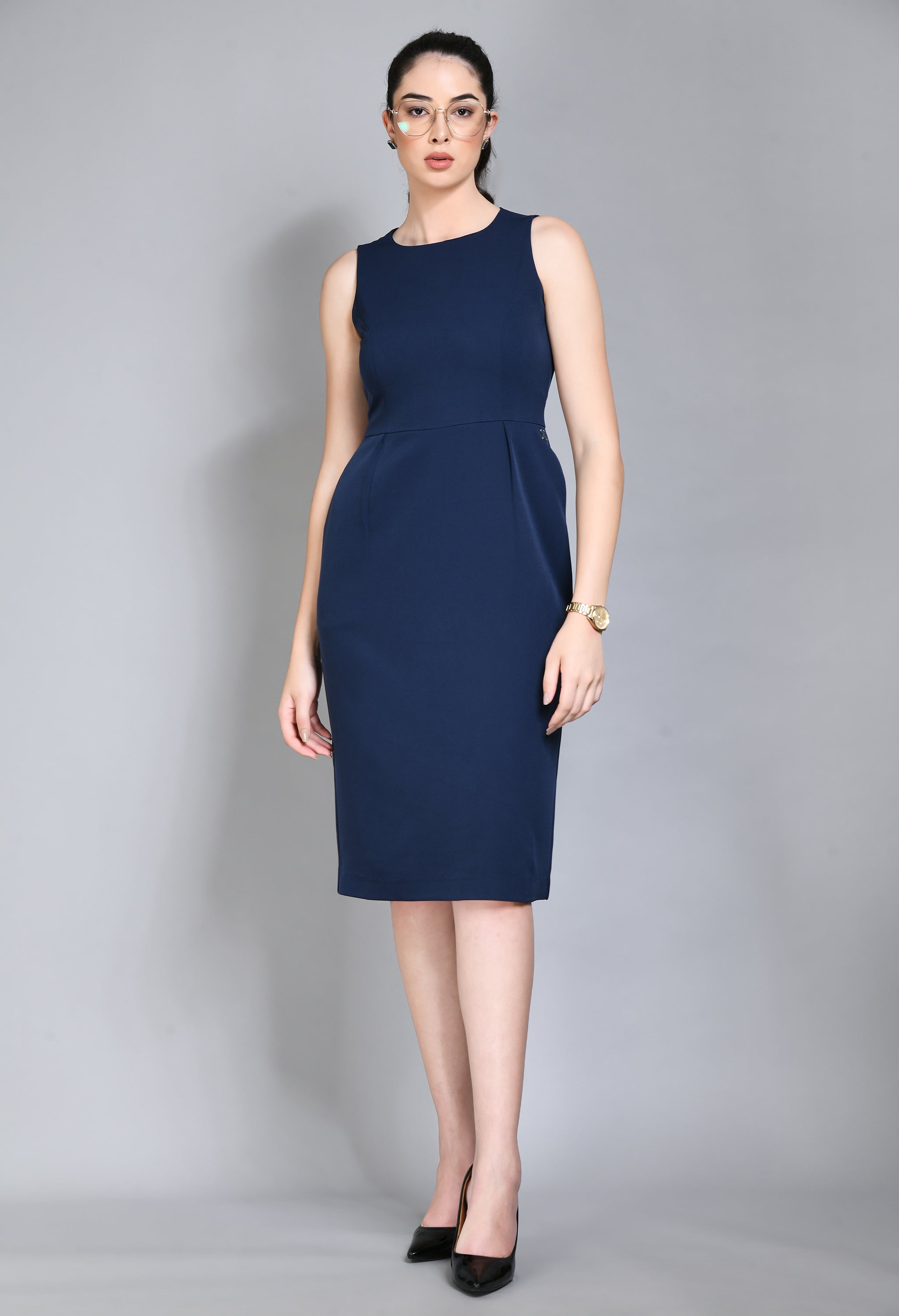 Navy Blue Cotton Blend Courage Sleeveless Sheath Dress ZERESOUQ.COM