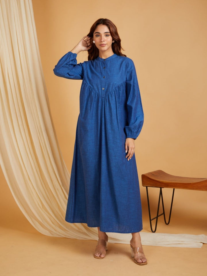 Navy-Blue-Cotton-Linen-Long-Ghatherd-Button-Up-Dress