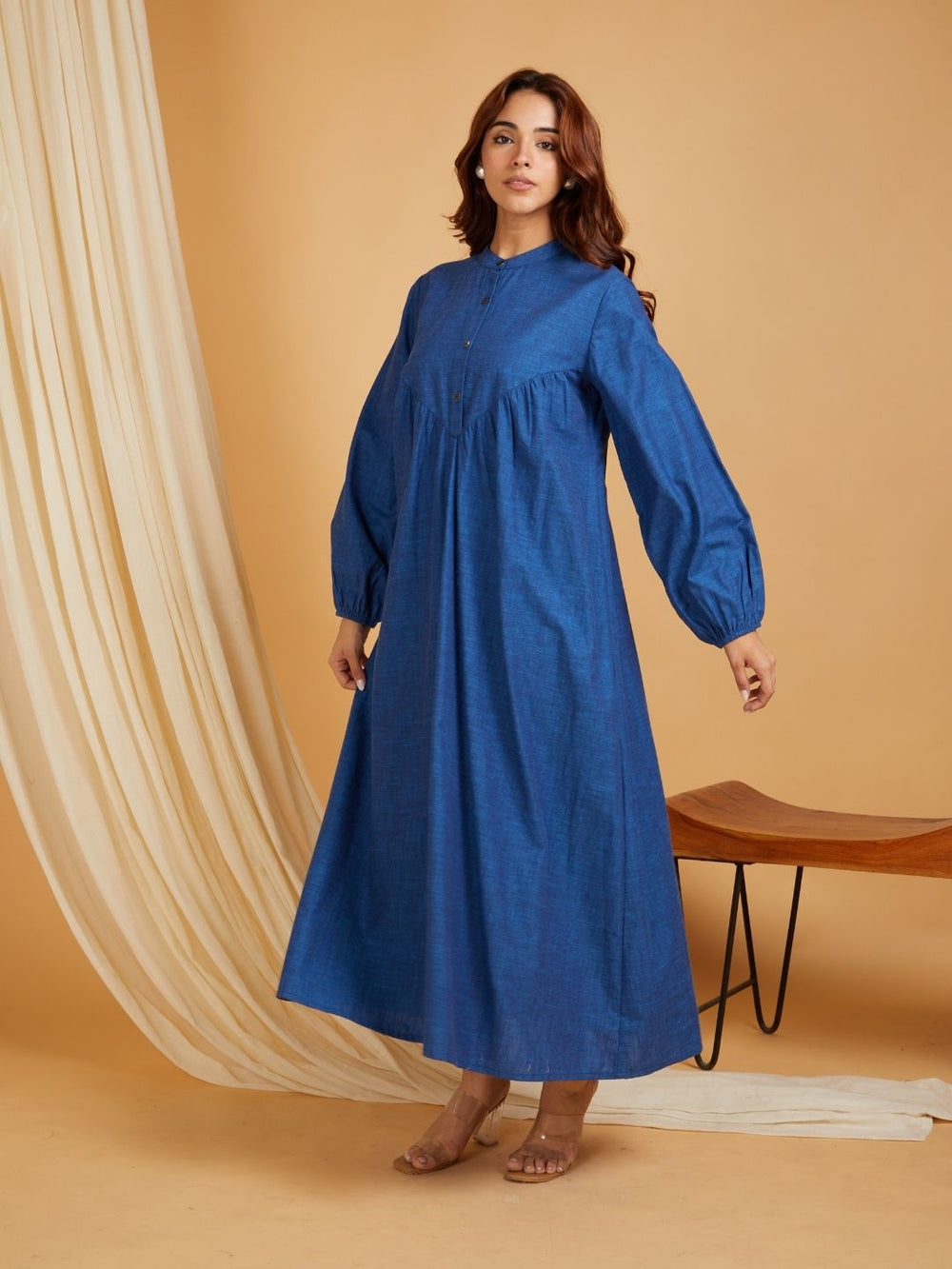 Navy-Blue-Cotton-Linen-Long-Ghatherd-Button-Up-Dress