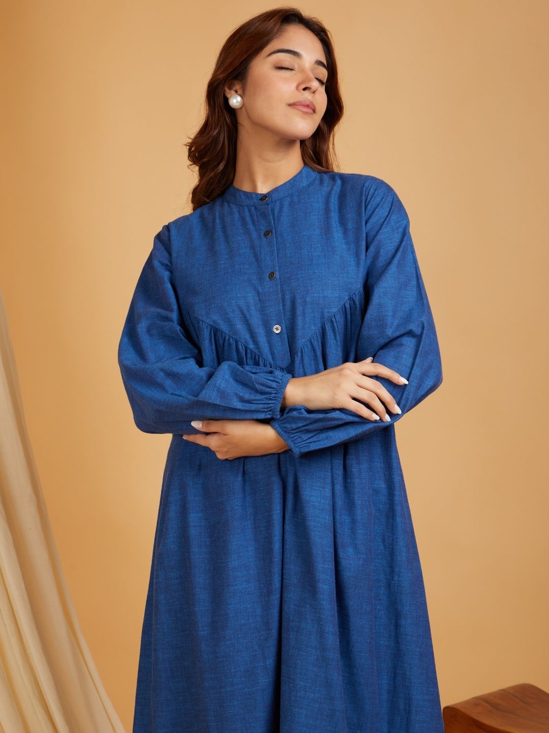 Navy-Blue-Cotton-Linen-Long-Ghatherd-Button-Up-Dress