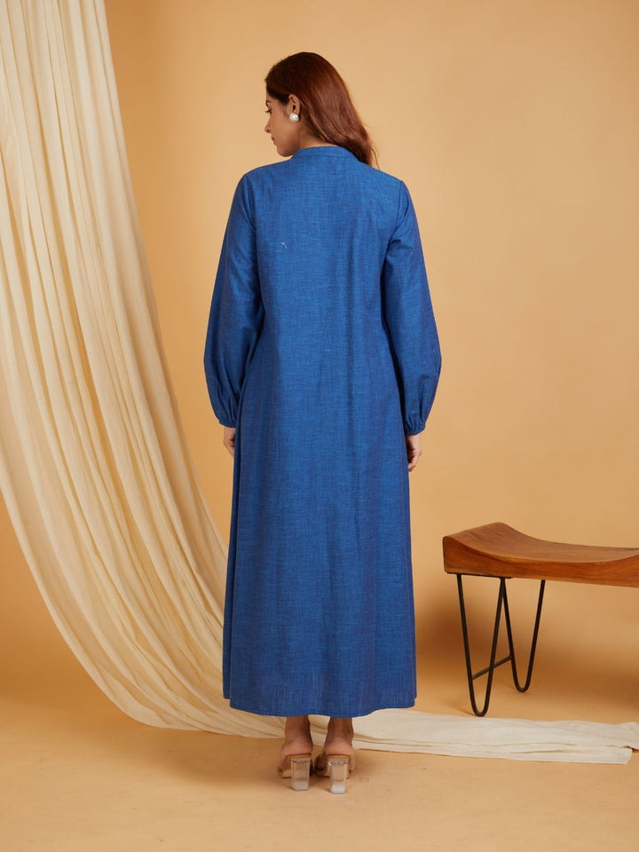 Navy-Blue-Cotton-Linen-Long-Ghatherd-Button-Up-Dress