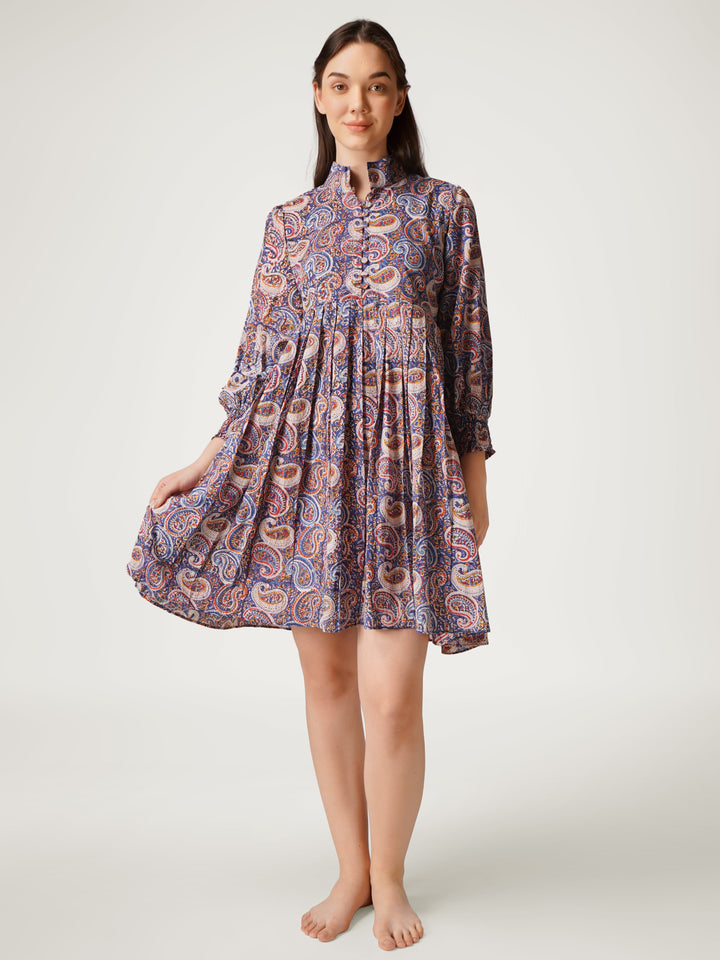 Navy-Blue-Cotton-Short-Printed-Pleated-Dress