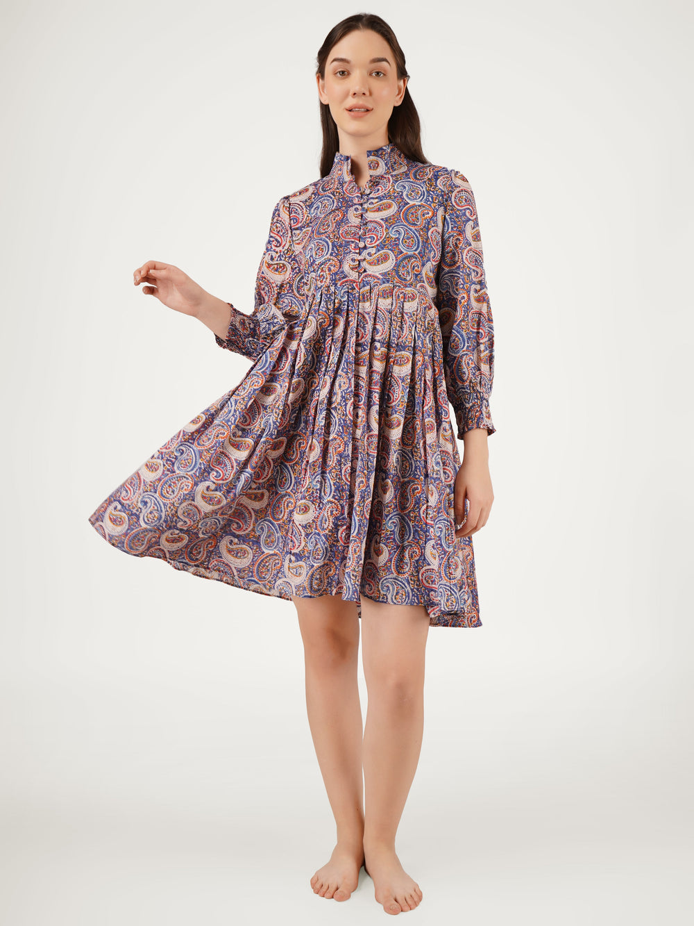 Navy-Blue-Cotton-Short-Printed-Pleated-Dress