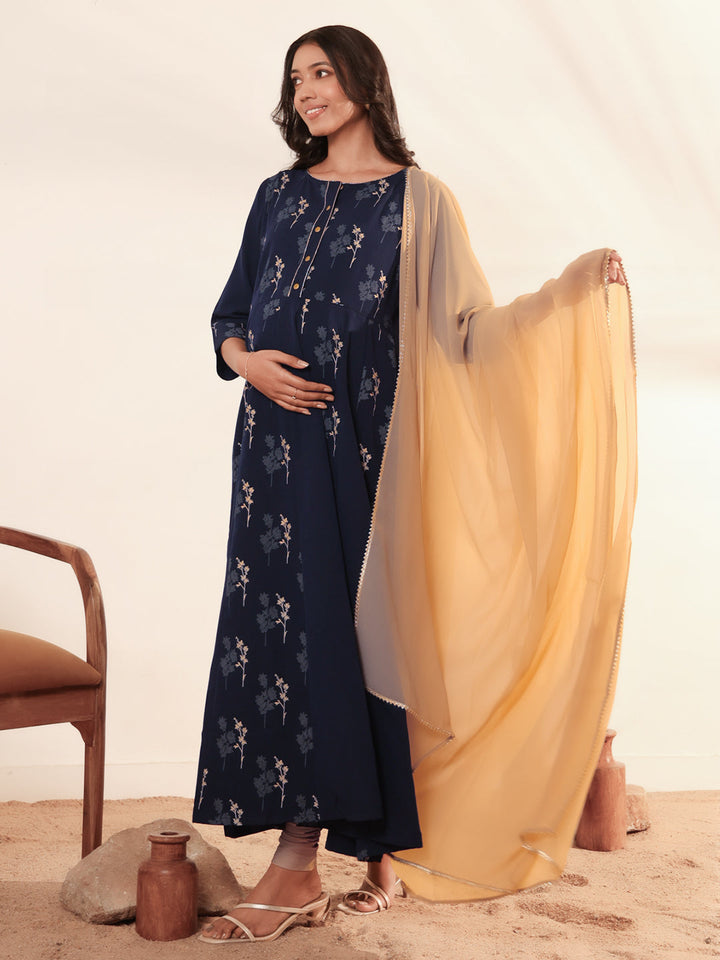 ZERESOUQ-Navy-Blue-Crepe-Floral-Printed-Anarkali-Shape-Dupatta-Sets