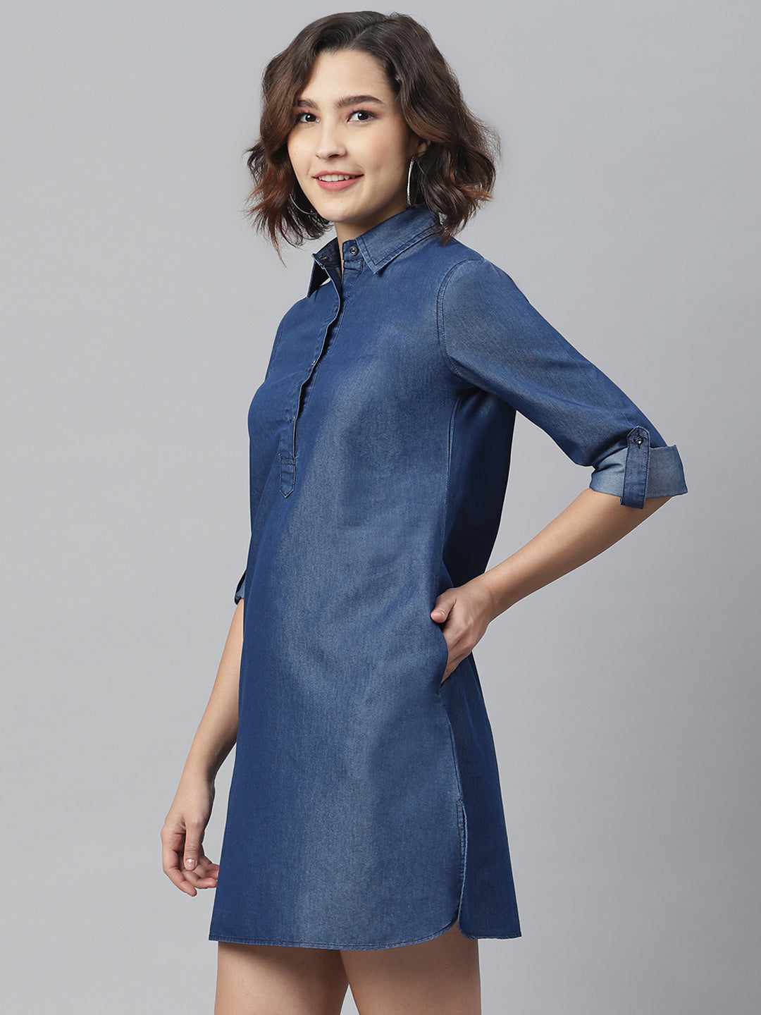 Navy-Blue-Denim-Solid-Shirt-Dress