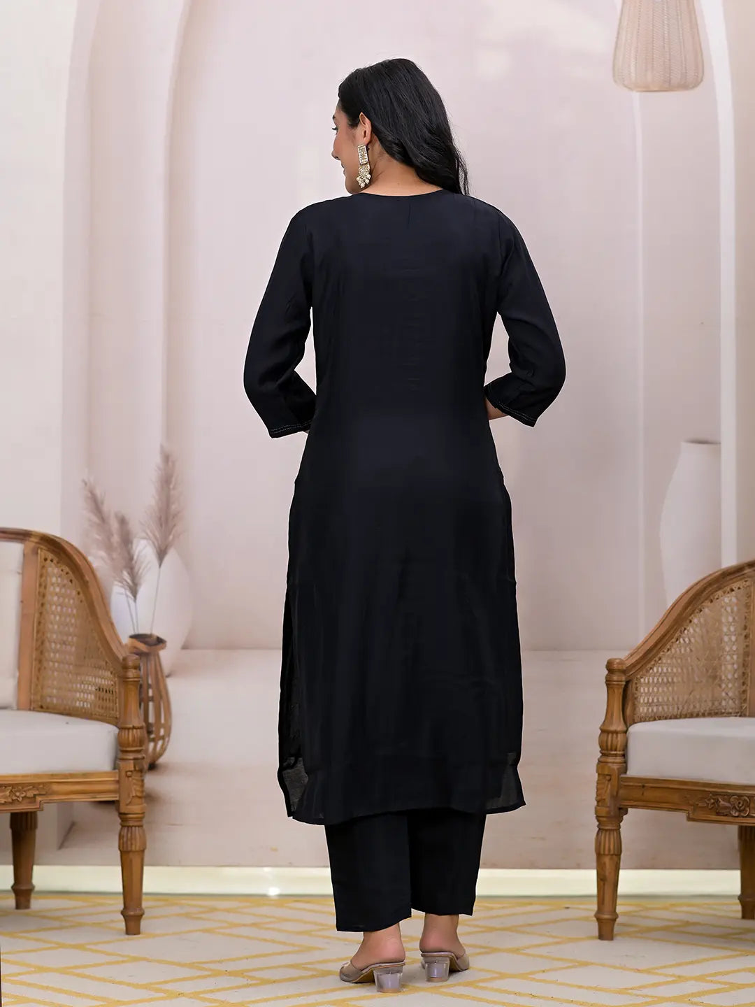 Black-Silk-Blend-Embroidered-Straight-3-Piece-Kurta-Set