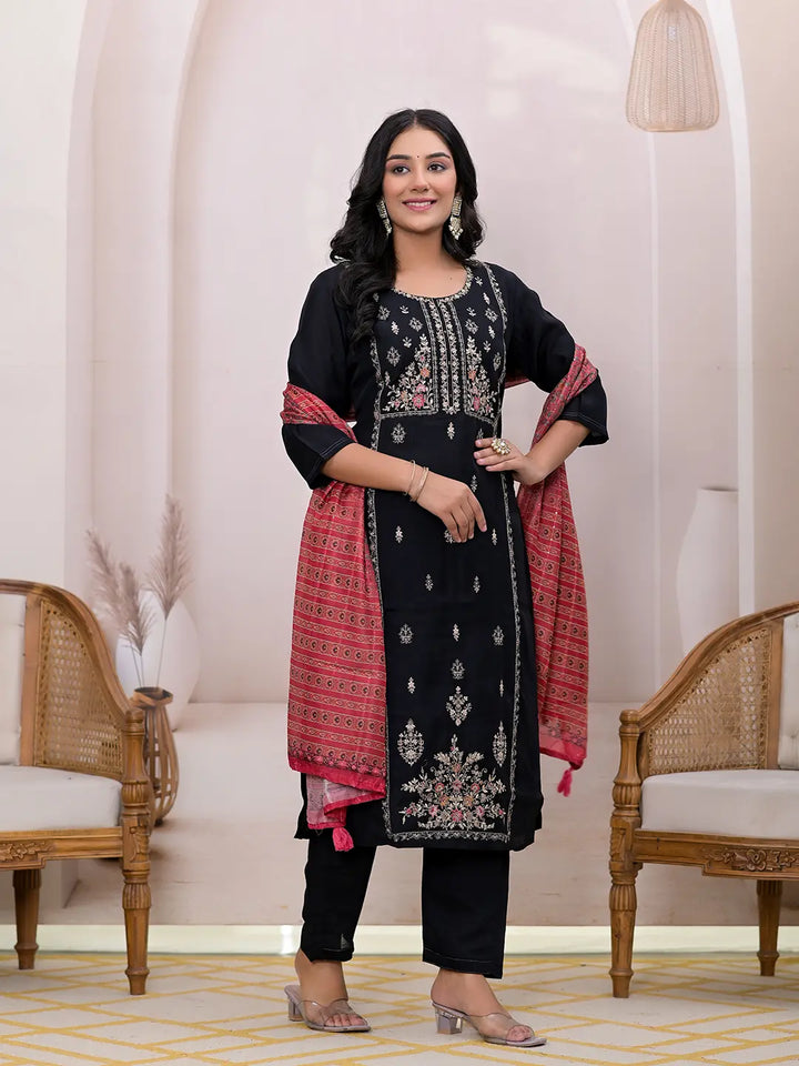 Black-Silk-Blend-Embroidered-Straight-3-Piece-Kurta-Set