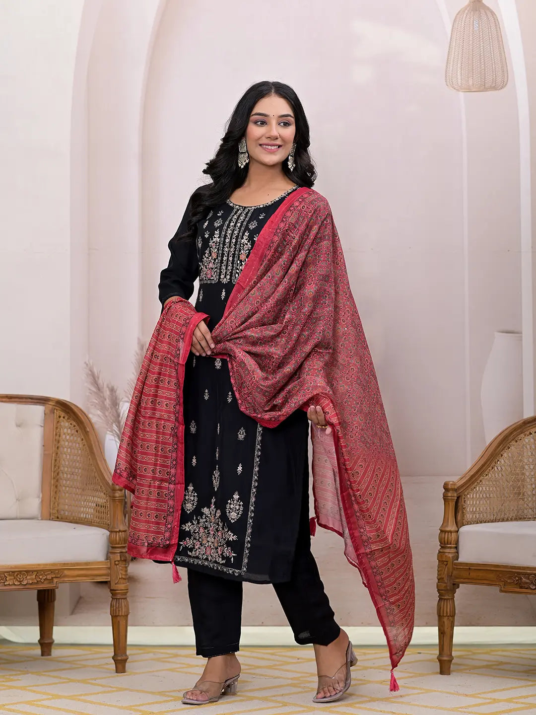 Black-Silk-Blend-Embroidered-Straight-3-Piece-Kurta-Set