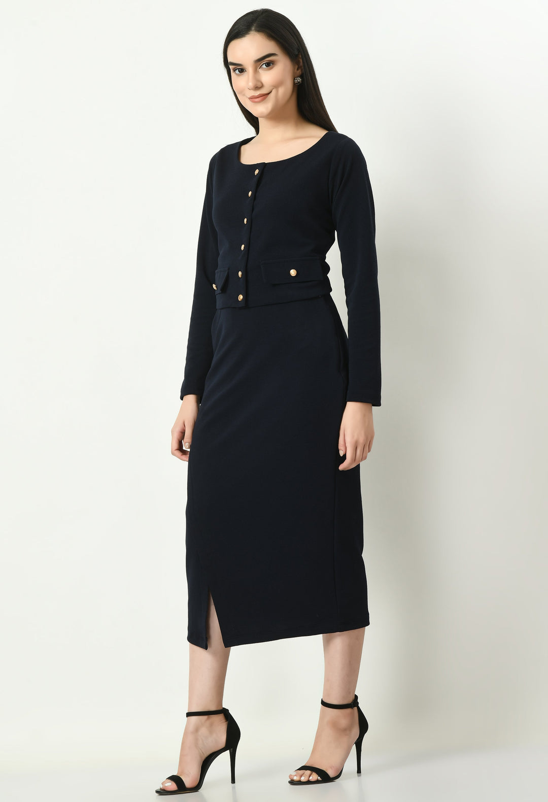 Navy-Blue-Euphoria-Pencil-Midi-Skirtwith-Front-Slit