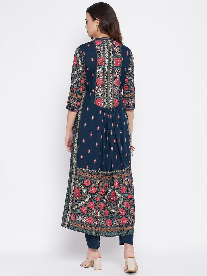 Navy Blue Floral Printed Panelled Kurta Set