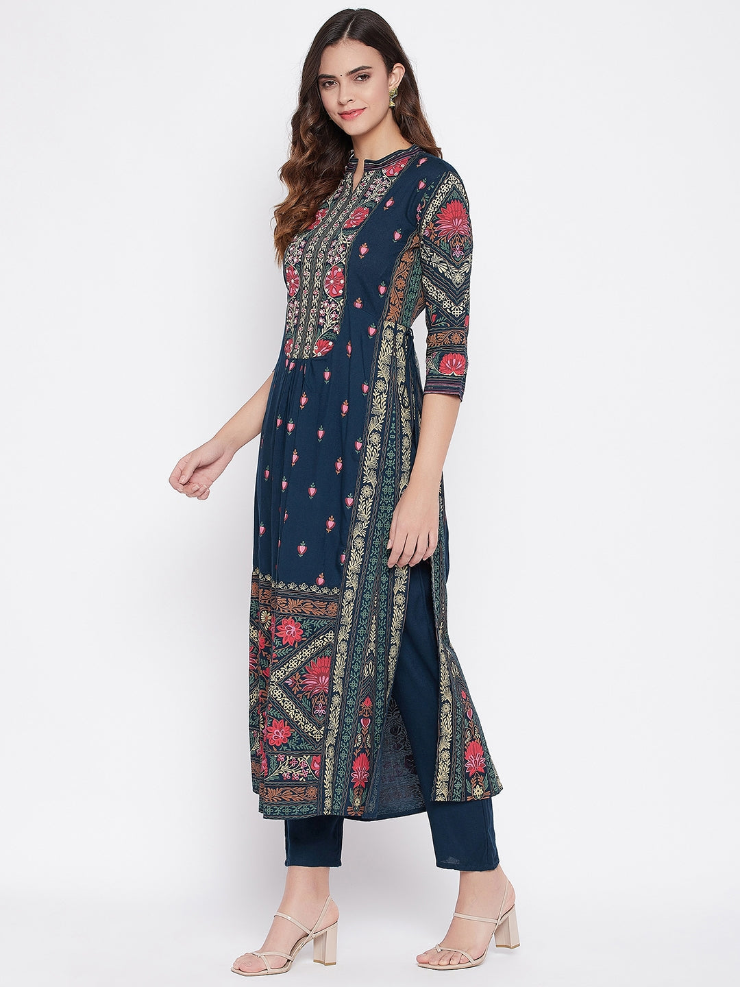 Navy Blue Floral Printed Panelled Kurta Set