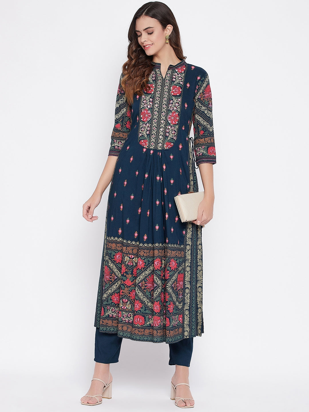 Navy Blue Floral Printed Panelled Kurta Set