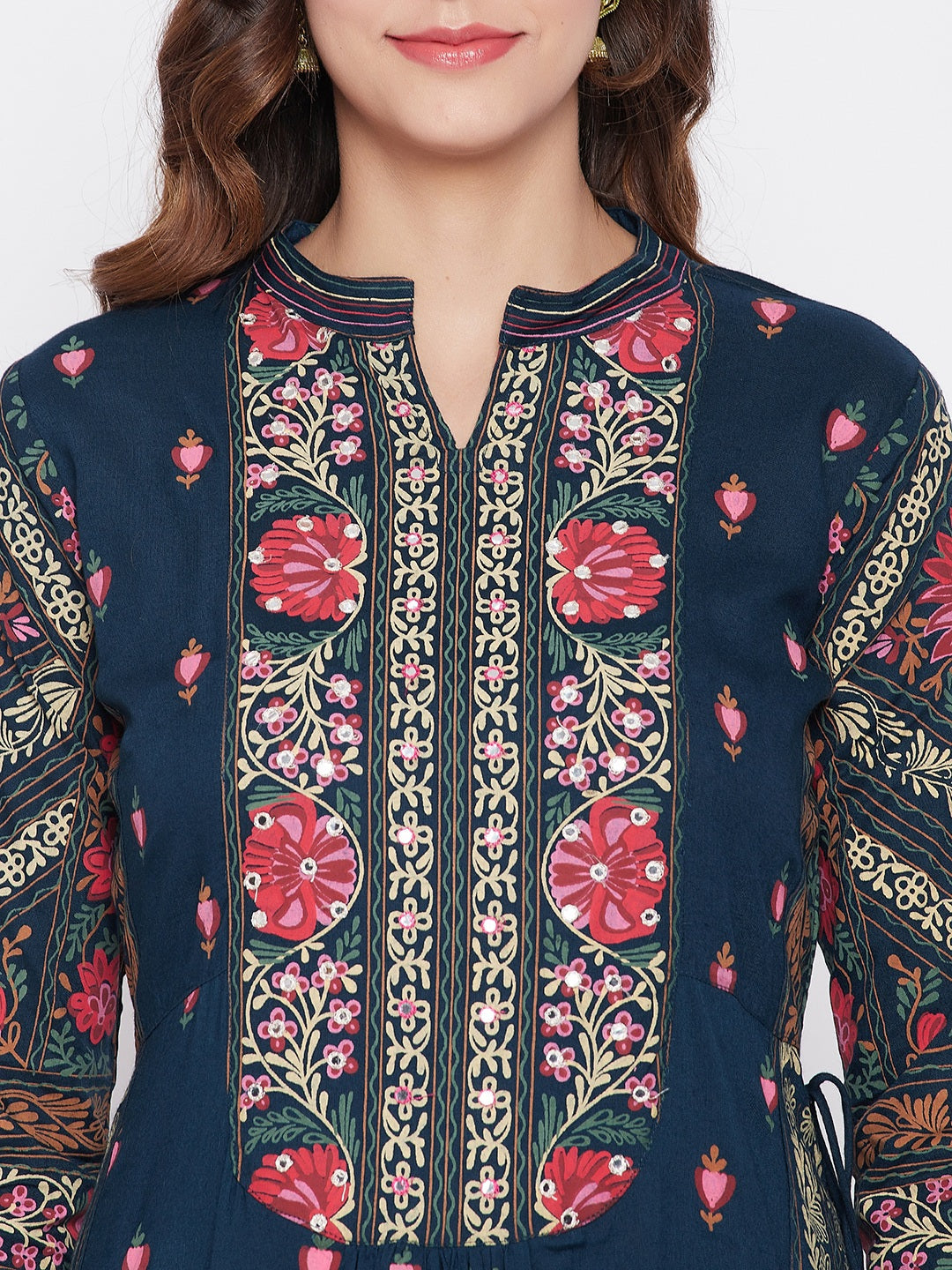 Navy Blue Floral Printed Panelled Kurta Set