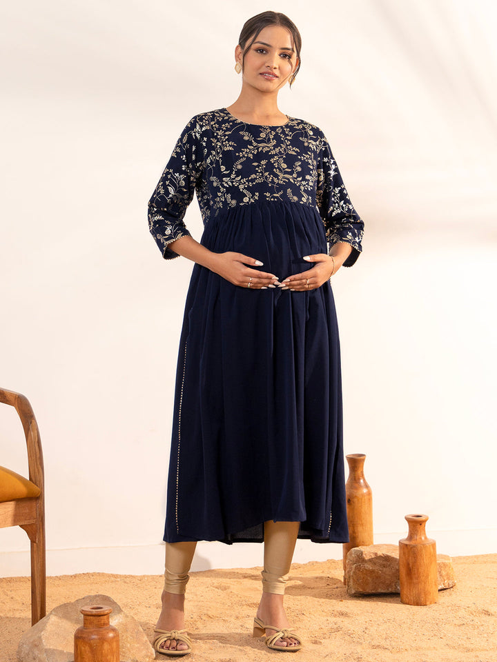 Navy-Blue-Georgette-A-Line-Maternity-Kurta