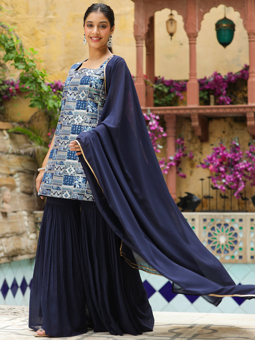 Navy Blue Georgette Embroidered Straight Kurta Set